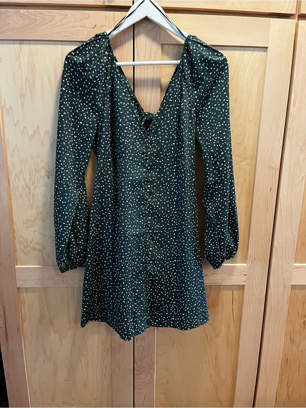 Lulu's Forest Green Long Sleeve Button-Front Mini Dress with White Flecks